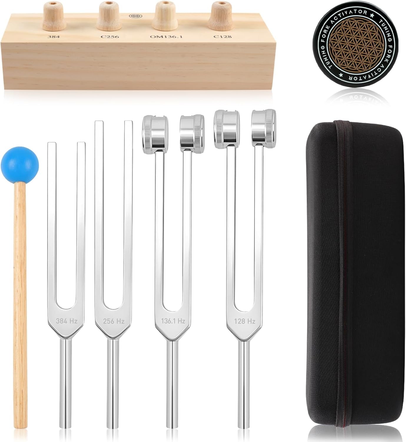 Tuning Forks for Healing Set – Includes 128Hz, 136Hz, 256Hz, 384Hz, & Activator, Bamboo Base, Rubber Hammer, Portable in Black Luggage – Sound Healing Instruments for Chakra, Yoga, and Meditation