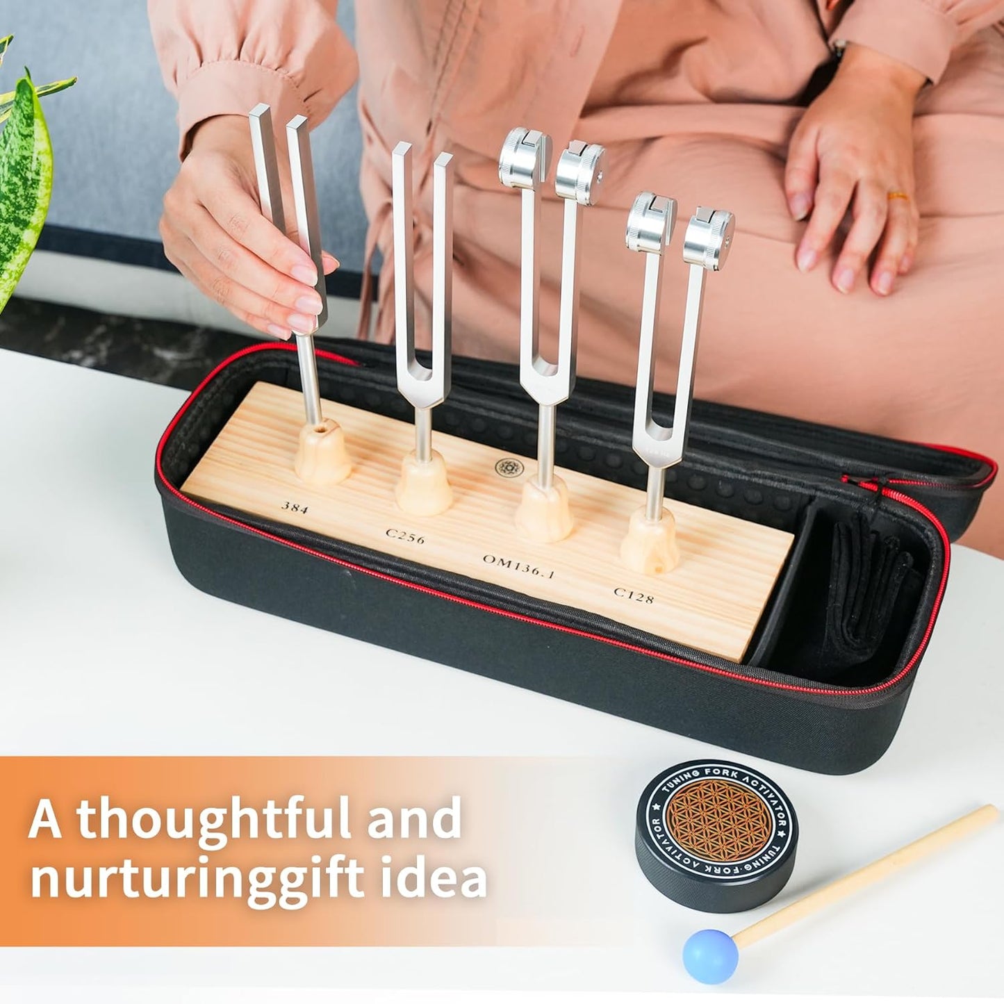 Tuning Forks for Healing Set – Includes 128Hz, 136Hz, 256Hz, 384Hz, & Activator, Bamboo Base, Rubber Hammer, Portable in Black Luggage – Sound Healing Instruments for Chakra, Yoga, and Meditation